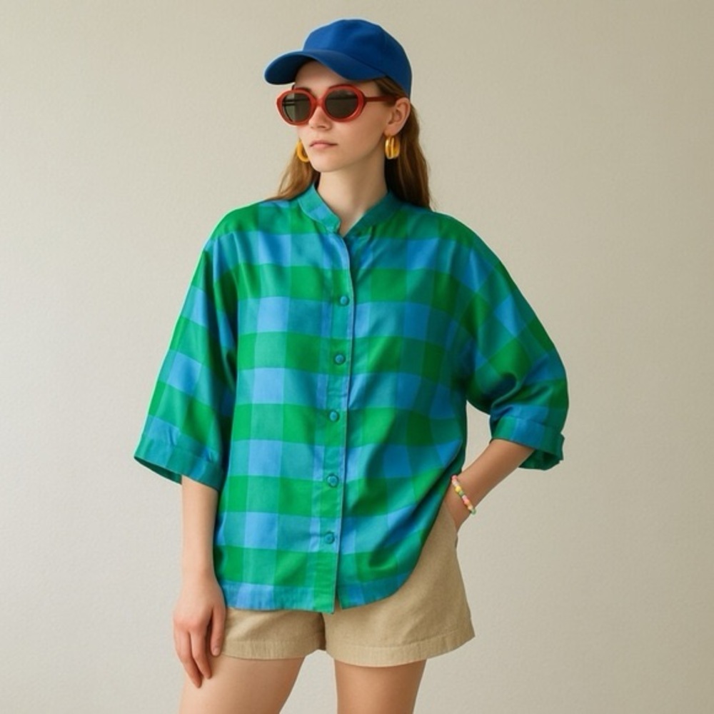 Vintage Thai Silk Boxy Shirt Jacket Size Medium Green Blue Plaid Check Retro